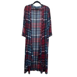 Torrid Cardigan 14 Red Plaid Duster Preppy Festive Holiday Hi Lo Boho Western